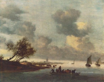 サロモン・ファン・ライスダール Painting - アルンハイム・サロモン・ファン・ライスダール近くのフェリーボート